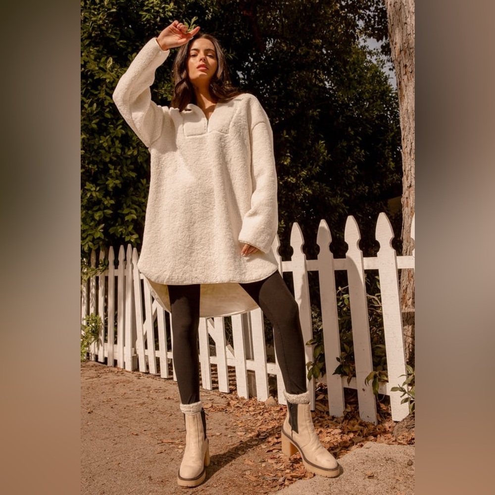 Let's Make It Cozy Cream Teddy Quarter Zip Hooded Tunic Jacket size xs- like new
